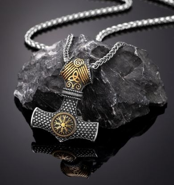 Halskette - Thors Hammer - Vegvisir - silber/gold Optik